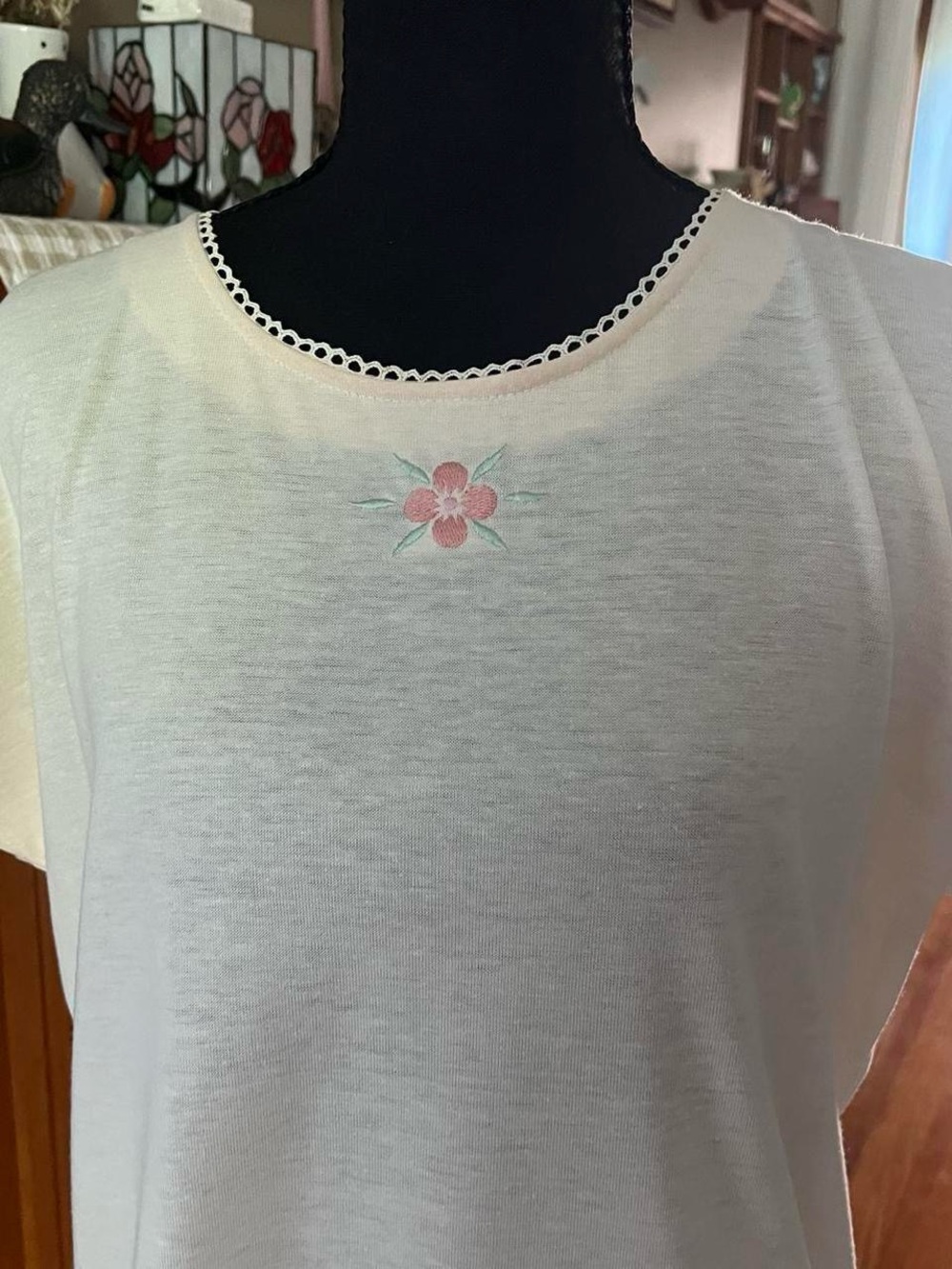 Vintage Cottagecore Yellow Short-Sleeve Top with Pink Floral Embroidery